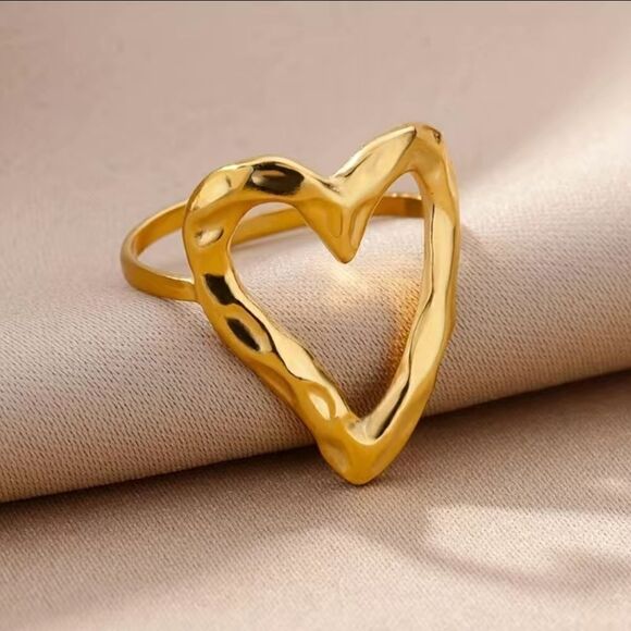 Chic Cuff Ring Stainless Steel 18k Gold Plated Trendy Hollow Heart Design - Picture 3 of 7